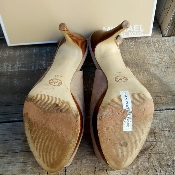 MICHAEL Michael Kors York Peep Toe Sling Back Suede / Wood  4.5" Heel  Size 8.5M - Picture 15 of 16